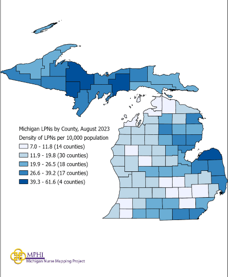 Michigan map of LPNs by county in 2023